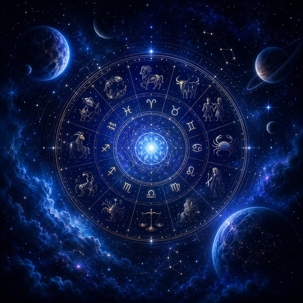 Vedic zodiac wheel against a night sky
